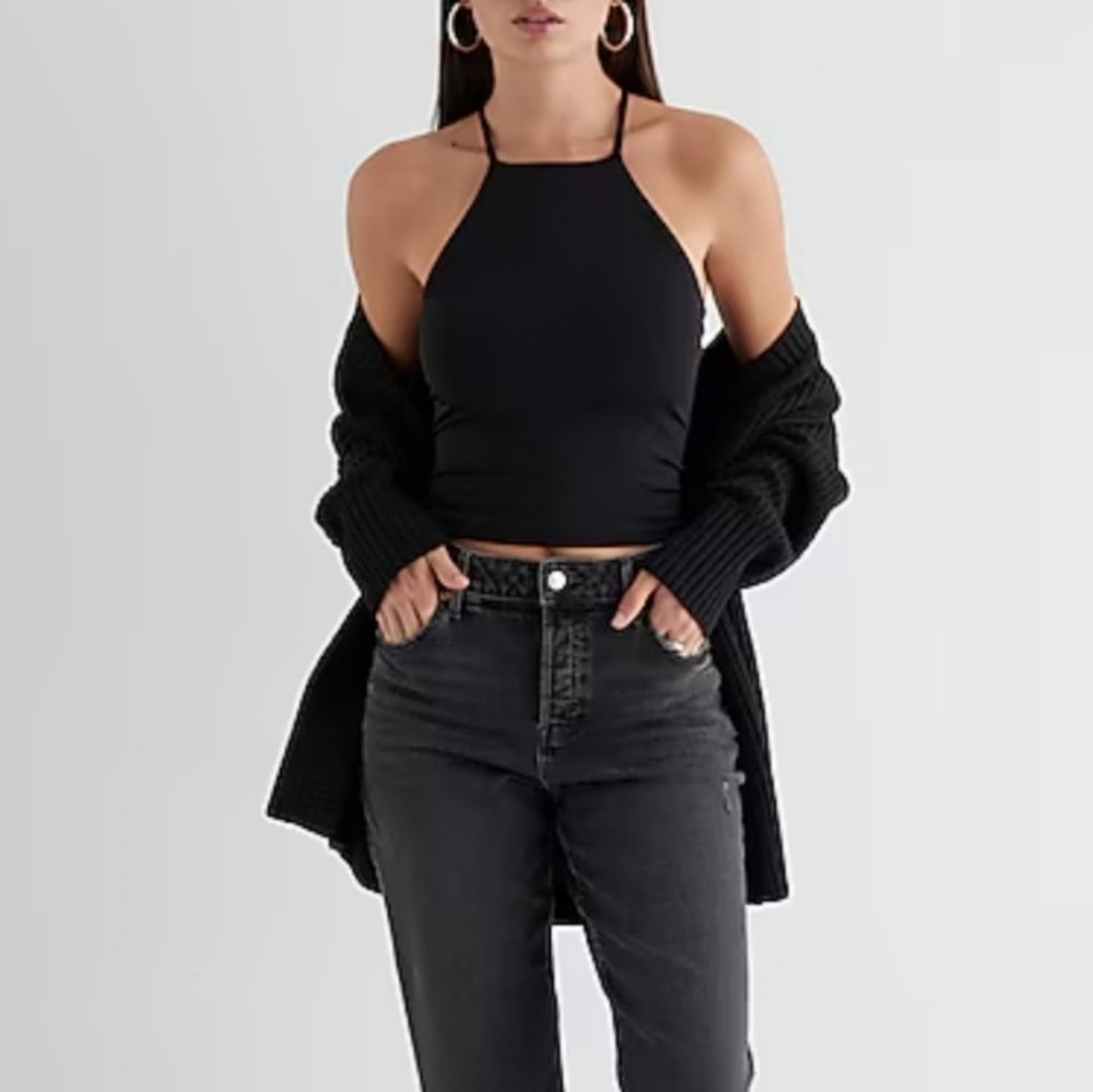 high neck cross back body contour cami